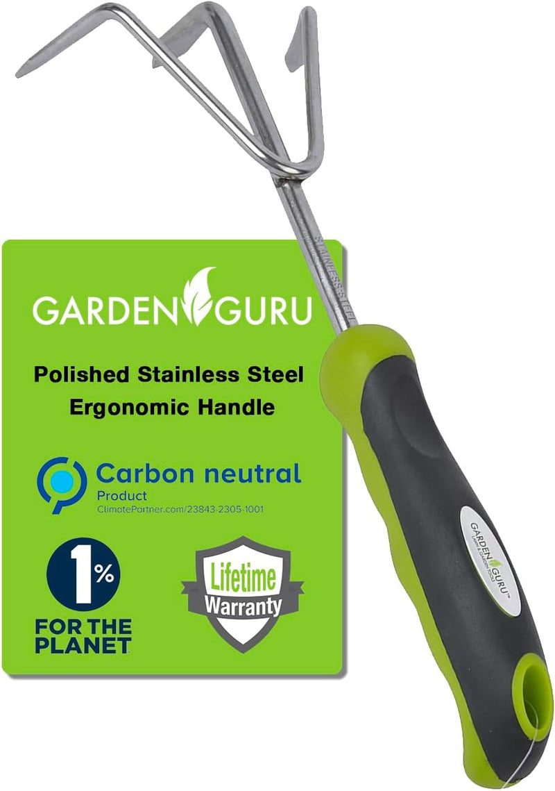 Stainless steel three-tine hand cultivator with green ergonomic handle, for stirring BSFL bins and garden soil