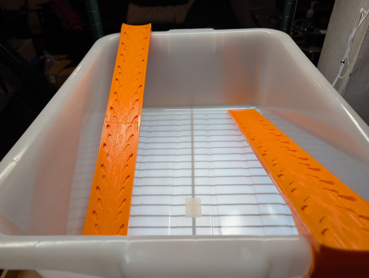 Colony tub with two self-harvesting ramps that black soldier fly larvae climb on their own