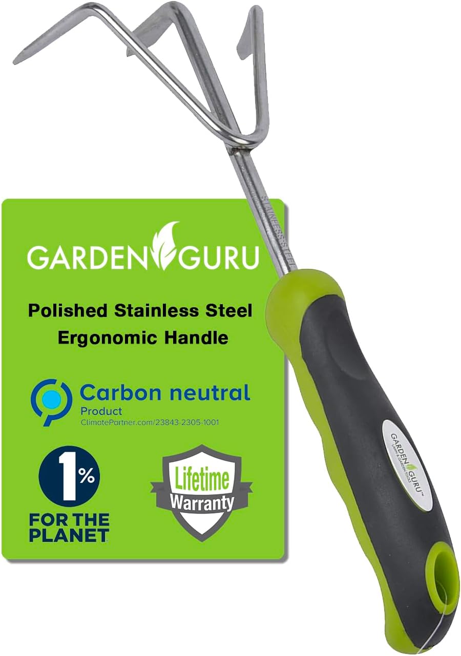 Stainless steel three-tine hand cultivator with green ergonomic handle, for stirring BSFL bins and garden soil